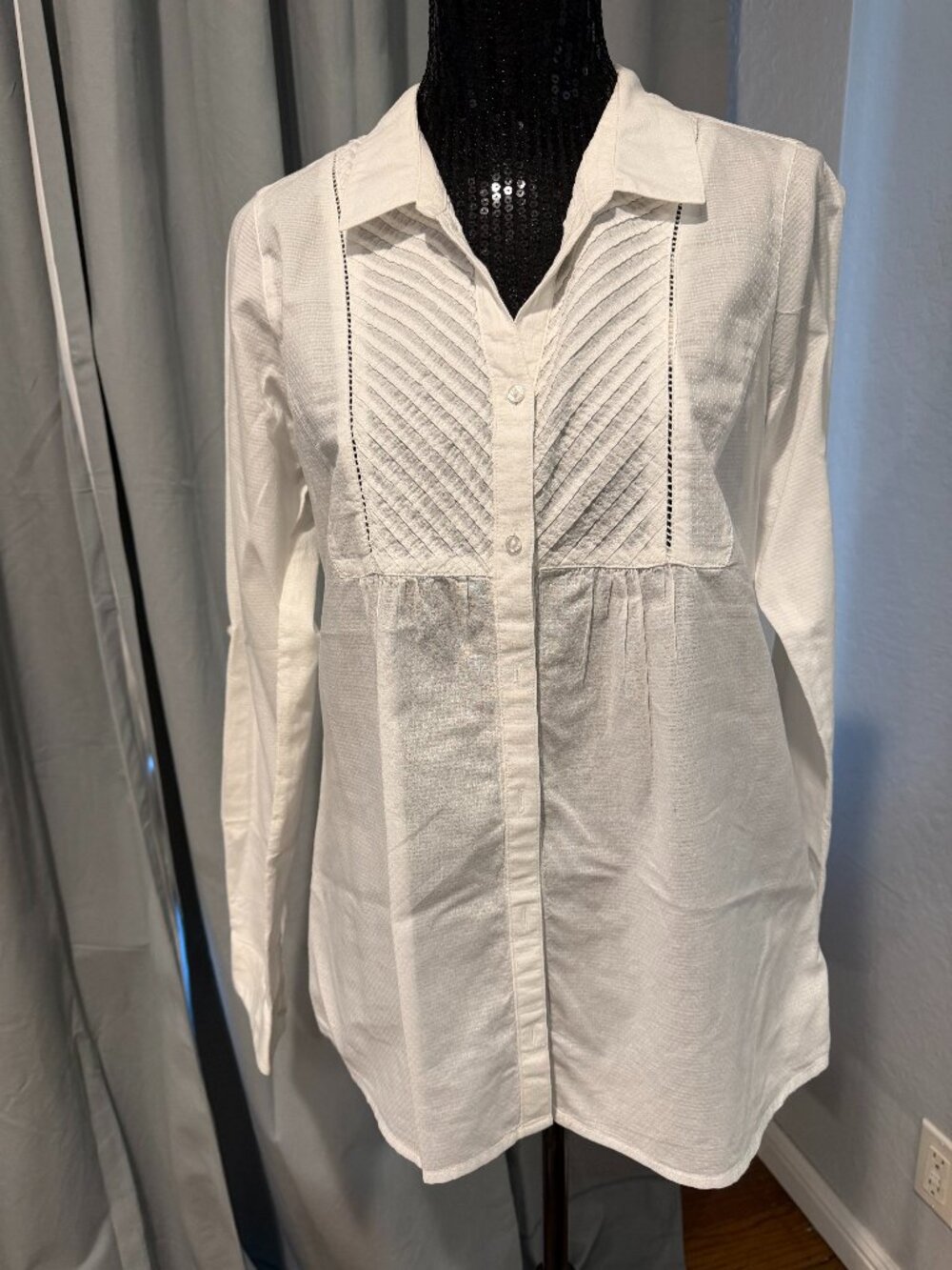 prAna White Organic Cotton Pleated Button Front Blouse Size M 🤍